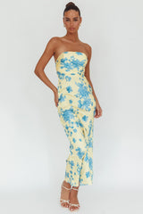 Vestido largo sin tirantes City Of Stars floral amarillo