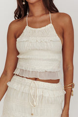 Top de lentejuelas fruncido con cuello halter Helios color beis