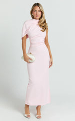 Visenta Midi Dress - Asymmetrical Sleeve Dress in Pink