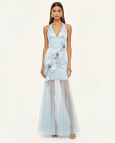 Orchid Embroidered Sheer Hem Halter Maxi Dress - Light Blue