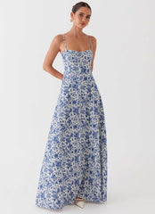 Vestido longo Angelina de linho - Estampa paisley azul