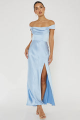 Vestido azul Lucinda con hombros descubiertos y espalda en V