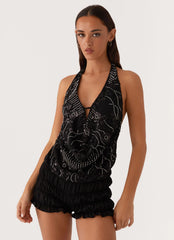 Top halter con cuello tipo gargantilla y abalorios Gail - Negro