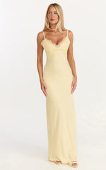 Vestido longo Kyra - Vestido de cetim com busto de renda e amarração nas costas em amarelo-limão