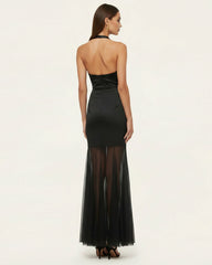 Orchid Embroidered Sheer Hem Halter Maxi Dress- Black Purple