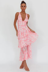 Vestido Maxi Veda com Alças e Costas Abertas Floral Rosa