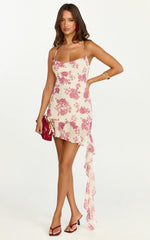 Minivestido Lila - Vestido con Cuello Redondeado y Falda Fruncida Asimétrica con Estampado Toile De Jouy