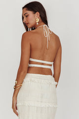 Top de lentejuelas fruncido con cuello halter Helios color beis