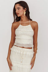 Top de lentejuelas fruncido con cuello halter Helios color beis