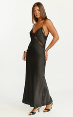 Vestido Christy Midi - Vestido lencero con cuello de pico y detalles de encaje en negro