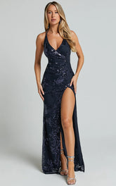 Out Till Dawn Maxi Dress - Thigh Split Dress in Navy Sequin
