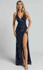 Out Till Dawn Maxi Dress - Thigh Split Dress in Navy Sequin