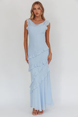 Vestido Longo Sangria Azul com Gola Drapeada e Babados