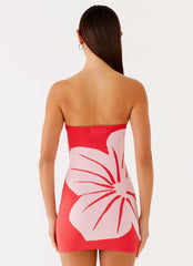 Vestido corto de punto sin tirantes Kader - Estampado floral rojo