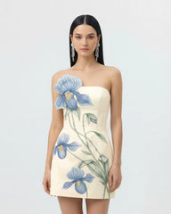 Slipper Orchid Appliqu�� Mini Dress - Ivory/Blue