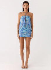 Minivestido halter Jisoo - Paisley aguamarina