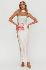 Vestido Longo Frente Única com Estampa Floral Verde Damsel