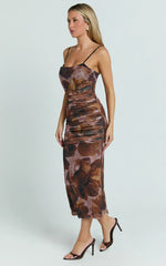 Vestido Midi Rosalez - Vestido ajustado fruncido con tirantes finos en estampado floral Ember