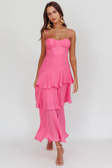 Vestido Longo em Camadas com Babados Madrid Summer Rosa