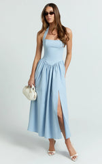 Vestido Midi Helda - Vestido com Painel de Corset e Amarração Halter no Pescoço em Azul Suave