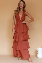Vestido largo Catalina con volantes escalonados color cacao