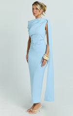 Visenta Midi Dress - Asymmetrical Sleeve Dress in Blue