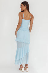 Vestido maxi azul Marlie con rosetones y volantes