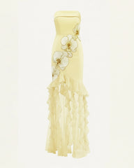 Orchid Embroidered Ruffled Strapless Maxi Dress - Pale Yellow