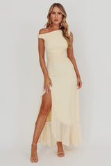 Vestido Longo Moonlit Magic com Decote Assimétrico Amarelo Claro