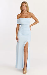 Opal Maxi Dress - Off Shoulder Gathered Bodice Fit And Flare Dress in Blue