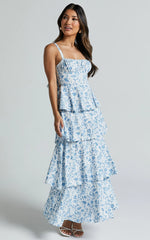 Vestido Midi Lorma - Vestido Drapeado en Capas Azul Floral