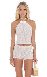 Top Halter con Roseta de Ganchillo en Blanco