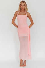 Vestido maxi Rebekkah con lazo lateral al cuello color rosa