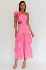 Vestido longo Deanna ombro único com camadas rosa