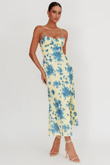 Vestido Maxi Floral Torcido com Decote nas Costas Nerida Amarelo
