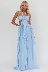 Vestido longo com babados e recortes Santiago Azul-Gelo