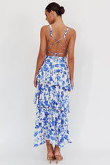Vestido longo floral azul Veda com alças e babados nas costas