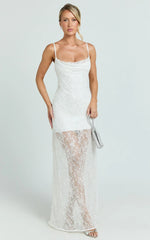 Vestido Maxi Alana - Vestido Branco de Renda e Paetês com Gola Cowl