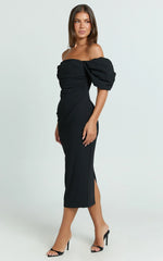 Vestido Midi Lohan - Manga abullonada con hombros descubiertos en color negro