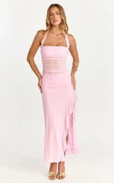 Almarie Midi Dress - Halter Neck Mesh Dress in Pink