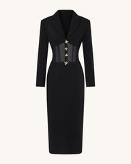 Sheer Boned Corset Waist Blazer Maxi Dress - Black