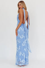 Vestido longo Cipriana frente única sem costas azul com detalhes