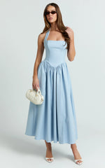 Vestido Midi Helda - Vestido com Painel de Corset e Amarração Halter no Pescoço em Azul Suave