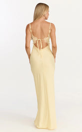 Kyra Maxi Dress - Lace Bust And Tie Back Satin Dress in Lemon