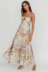 Vestido maxi floral Onika con aberturas y lazo en la espalda, amarillo