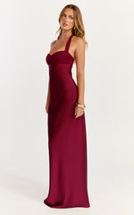 Flynn Maxi Dress - Satin Halter Sweetheart Neck Dress in Wine