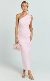 Karlie Midi Dress - One Shoulder Fitted Dress in Pink