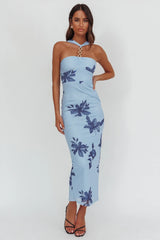 Vestido longo Maretha Gold Link Neckline azul-claro