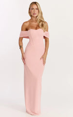Karina Maxi Dress - Off Shoulder Corset Bodice Lace Up Back Dress in Pink
