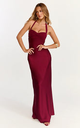 Flynn Maxi Dress - Satin Halter Sweetheart Neck Dress in Wine